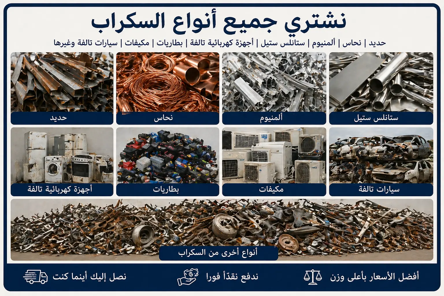 نشتري جميع أنواع الخردة والمعادن: حديد، نحاس، ألمنيوم، ستانلس ستيل، بطاريات وغيرها